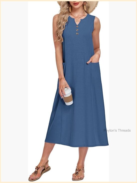 Dresses & Skirts - Casual Midi Dress V Neck Sleeveless Summer Beach Button Down with Pockets